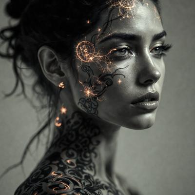 The primary subject of the image is a woman with tattoos on her face and body. She is wearing a necklace and has a unique and artistic appearance. The setting is a dark room, which adds to the dramatic and mysterious atmosphere of the photo. The visual style is a combination of a photo and digital art, creating a striking and eye-catching image. The colors and mood are predominantly dark and moody, with the woman's tattoos and the overall composition evoking a sense of